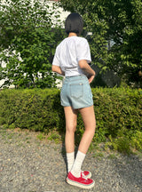 フラワーエンブロイダリーライトブルーデニムショーツ code 18201