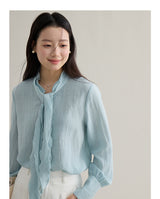 French ribbon tie V-neck blouse