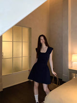 Navy Round Square Flared Dress