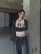 11 Vネックカラーマッチングラグラン長袖Tシャツ