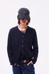 WOOL BLEND PIQUÉ TEXTURE CROSS TOTEM EMBROIDERY RAW-EDGE FOUR-COLOR BUTTON CARDIGAN