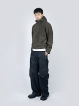 Curved Hood Leather Jacket (Khaki Black)