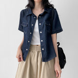Slim Fit Short-Sleeved Denim Shirt Stitch Point Collar Blue Shirt (3 colors)