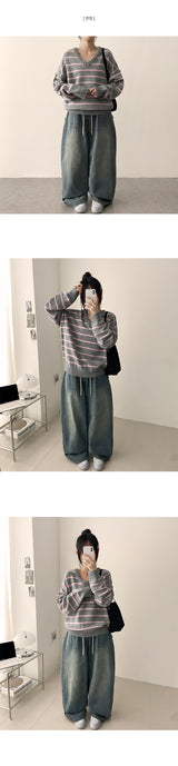 ドハサイドスナップウエストバンディングバルーンワイドデニムパンツ