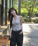 luv french shirring halter sleeveless bl/top