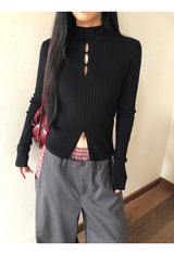 ハーフタートルネックVネックスリット長袖ニット