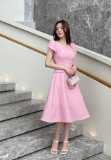 Sebit Heart-Neck Tulip Tweed Flared Long One Piece