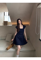 Navy Round Square Flared Dress