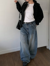 ボウリングヘムスナップワイドウォッシュデニムパンツ