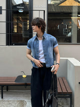 LMN インシジョンクロップドマッスルフィットデニム半袖シャツ (2 colors)