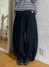 Rose Pink Lettering Embroidery Balloon Denim Pants