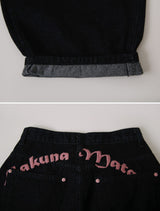 Rose Pink Lettering Embroidery Balloon Denim Pants