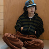 ストライプニットフーディドジップアップ / Khaki blue
