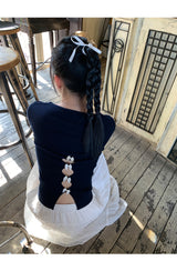 バックホワイトボウロングスリーブニットTシャツ