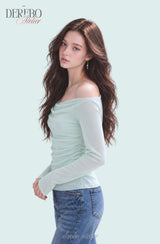 Mint chiffon mesh shirring long-sleeve tee