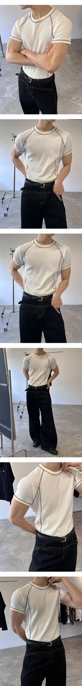 [MUSCLE FIT] Stitch waffle half t-shirts(3color)