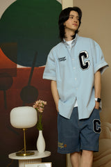 Navy C Patch Light Blue Denim short-sleeved Shirt [Unisex]
