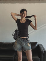[U-BASIC] スリミングベーシックスクエアネック半袖Tシャツ