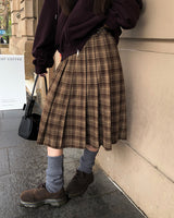 [ORIGINAL] Buckle Check Midi Pleated Skirt