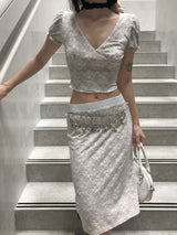 French Garden Lace Deep V-neck Puff Sleeve TOP & MIDI SKIRT SET 