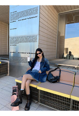 denim loose fit collar zip-up jacket two-piece (skirt set)