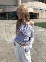 Puol テンション スリム オフショルダー Tシャツ