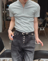 Ziden Half Zip-Up Ribbed Short-Sleeve T-Shirt