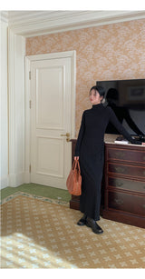 Half Turtleneck Black Flared Long Dress