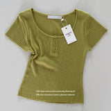 Lua Round Neck Button Ribbed Short Sleeve Knit Top 8 Colors