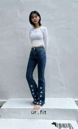 DARK BLUE EMBROIDERED SPANDEX BOOTCUT DENIM PANTS code 18315