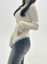 WOOL-BLEND♥ファーディテールチューリップUネックスリムニットリブカーディガン - 3 COLOR