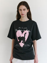 ハートキャットフレンズルーズフィットTシャツ チャコール