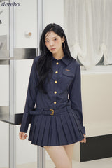 Navy Pleats Gold Shirt Wedding Guest Dress