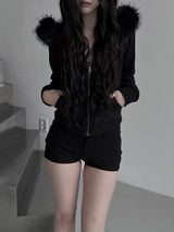slim fur hood zip-up (fleece-lined / 3color)