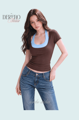 Blue Halter Brown Short-Sleeved T-shirt