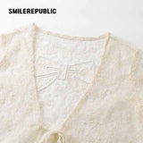 Ivory Nylon Jacquard Lace Bow Detail Cropped Cardigan and Cotton Blend Camisole Two Piece Set