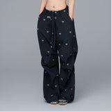 Black 100% Nylon Allover Butterfly Print Wide-Leg Parachute Pants with Drawstring Waist for Women