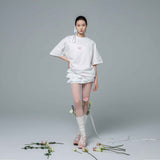White Lace-Trim Tiered Ruffle Mini Skirt with Ribbed Elastic Waistband for Women