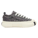 Gray Distressed Frayed Canvas Platform Sneakers, Unisex Low Top Lace-Up Retro Casual Shoes