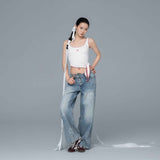 White Ribbed Contrast-Stitch Asymmetric Tie-Hem Tank Top with Butterfly Embroidery