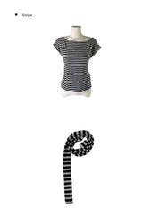 Scon Stripe Plain One-Shoulder Ribbon Short Sleeve T-Shirt