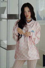 satin pink V-neck block core sweatshirt