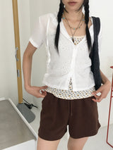 Weving see-through side shirring pleated hooded short-sleeved cardigan