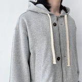 Button Detail Thick Drawstring Zip Hoodie