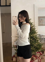 Drape One Shoulder Warm Knit +Tie Set (5color)