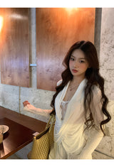 White Smudge Lace Shirring Long Sleeve T-shirt
