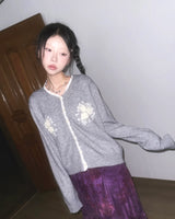 (2color) Rose Appliqué Lace Wool Cardigan