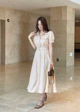 Kazz Shirt Collar Puff Sleeve Long One Piece (Belt Set)
