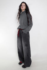 Black printed vintage distressed jeans