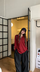 ラウンドボタンワッフルロングスリーブTシャツ